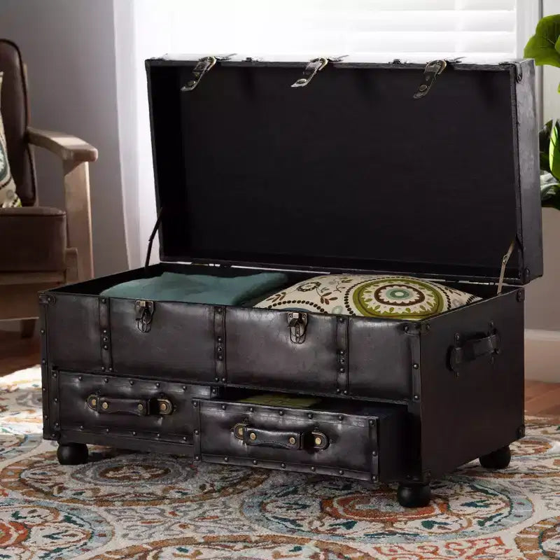 Callum Distressed Faux Leather Storage Ottoman with Lift-Up Lid & Drawers - Baxton Studio