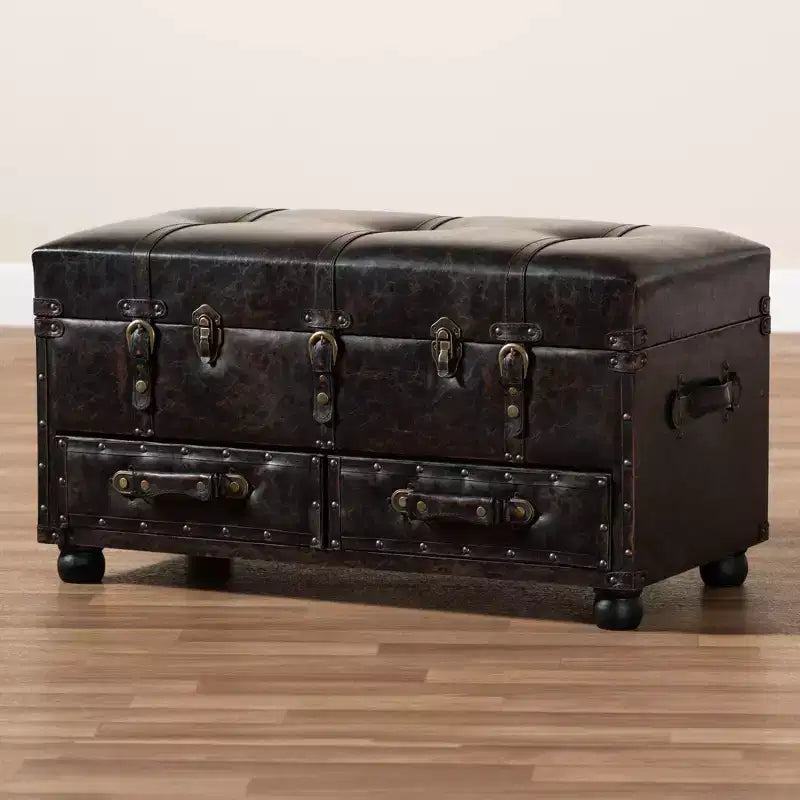 Callum Distressed Faux Leather Storage Ottoman with Lift-Up Lid & Drawers - Baxton Studio