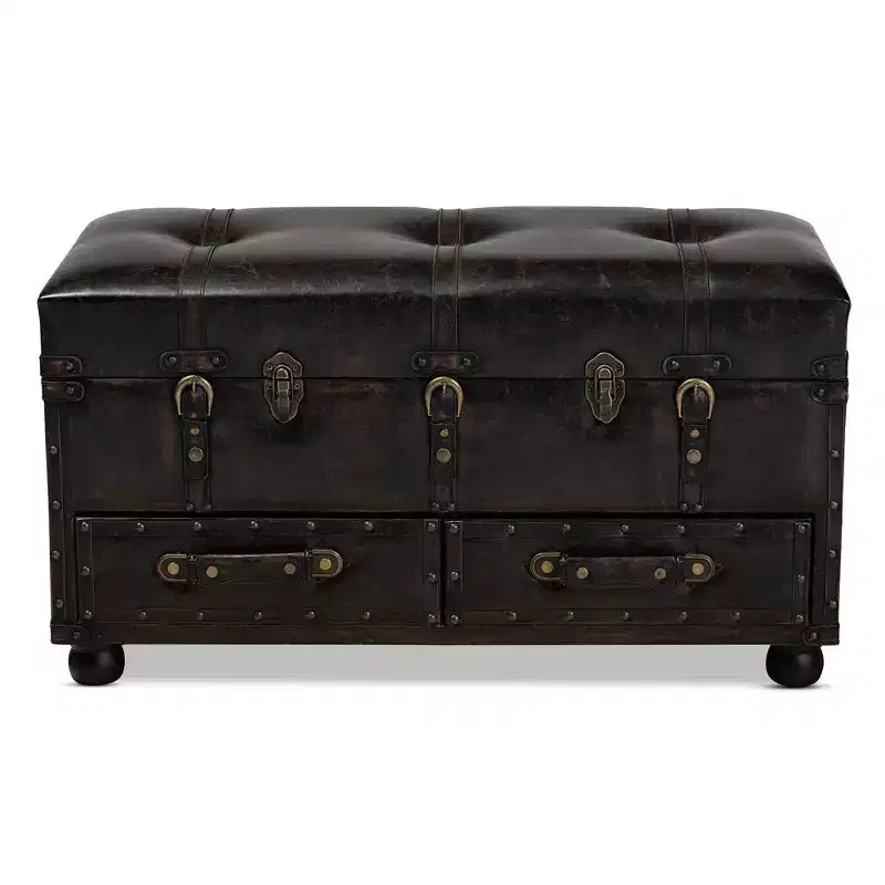 Callum Distressed Faux Leather Storage Ottoman with Lift-Up Lid & Drawers - Baxton Studio