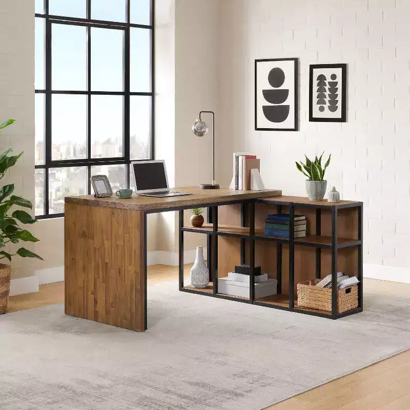55" Lloyd Corner Desk with Storage Credenza Natural - Alaterre Furniture: Rustic Acacia Wood, L-Shaped Office Furniture with Open Shelf