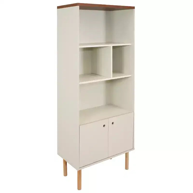 Sunnydaze Indoor Mid-Century Modern 5-Shelf Bookshelf with Storage Cabinet - Latte