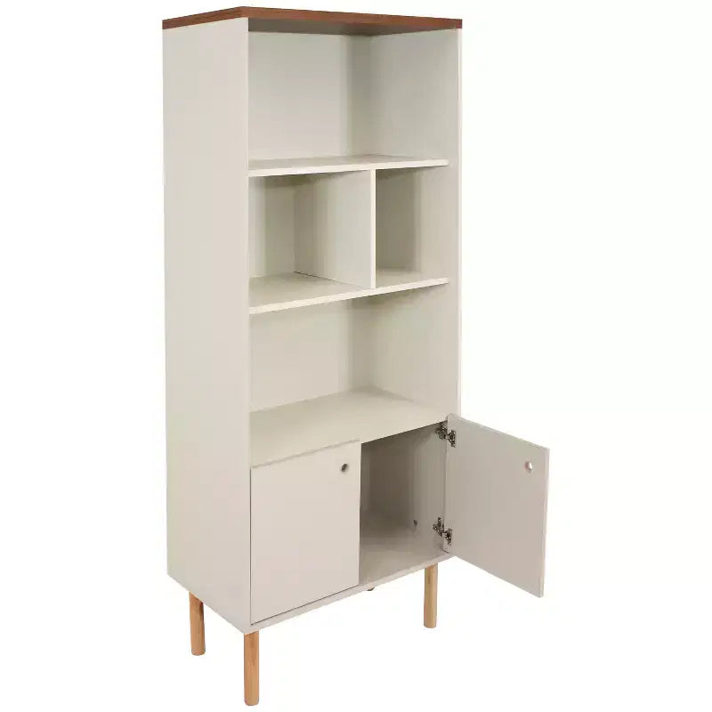 Sunnydaze Indoor Mid-Century Modern 5-Shelf Bookshelf with Storage Cabinet - Latte