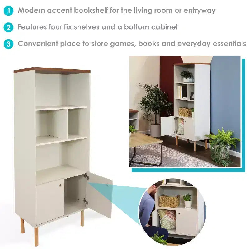 Sunnydaze Indoor Mid-Century Modern 5-Shelf Bookshelf with Storage Cabinet - Latte