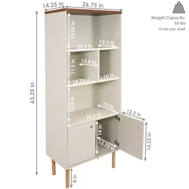 Sunnydaze Indoor Mid-Century Modern 5-Shelf Bookshelf with Storage Cabinet - Latte