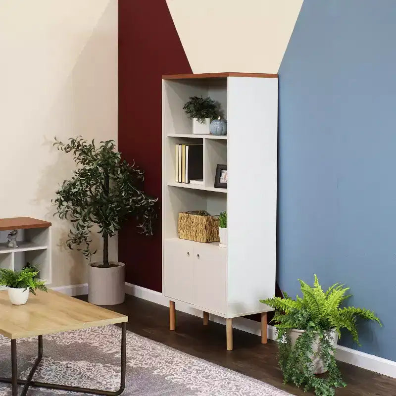 Sunnydaze Indoor Mid-Century Modern 5-Shelf Bookshelf with Storage Cabinet - Latte