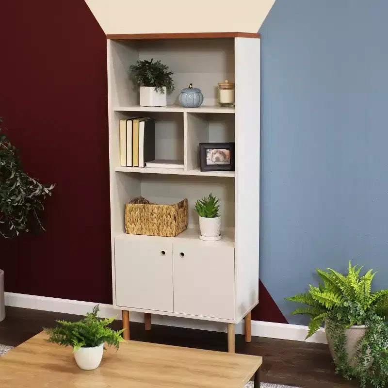 Sunnydaze Indoor Mid-Century Modern 5-Shelf Bookshelf with Storage Cabinet - Latte