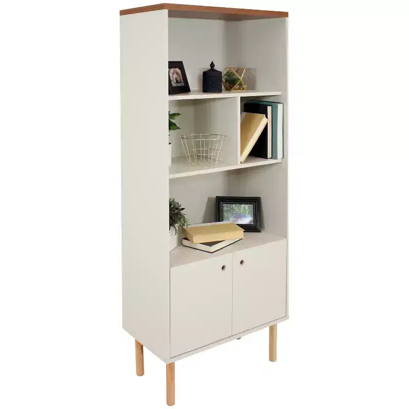 Sunnydaze Indoor Mid-Century Modern 5-Shelf Bookshelf with Storage Cabinet - Latte