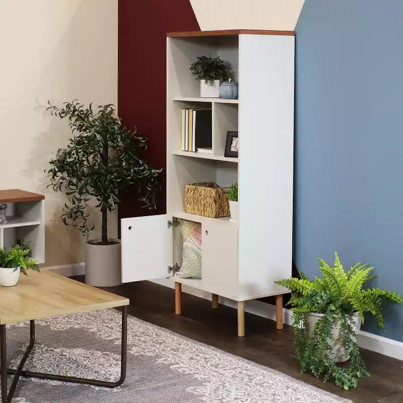 Sunnydaze Indoor Mid-Century Modern 5-Shelf Bookshelf with Storage Cabinet - Latte